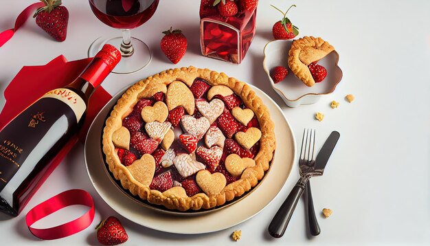 Plate with sweet strawberry pie cookie hearts bottle o