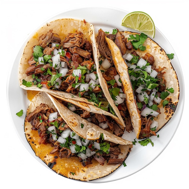 Photo a plate with tacos de carnitas white background view from above mexican food