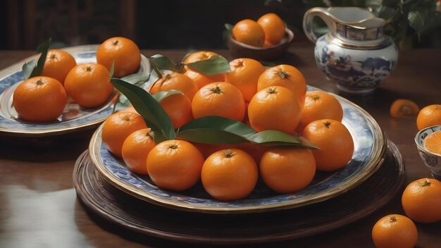 Plate with tangerines amidst chinese stuff