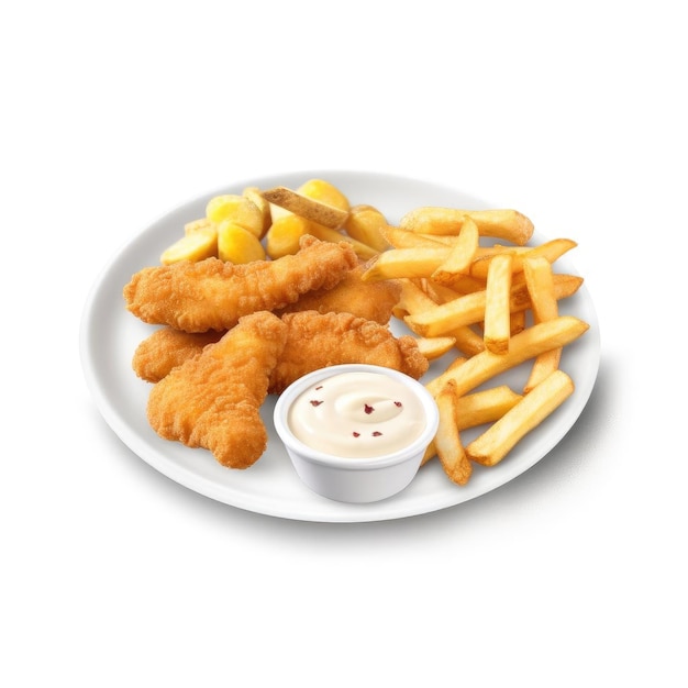 Plate with tasty chicken nuggets French fries and sauce on white background