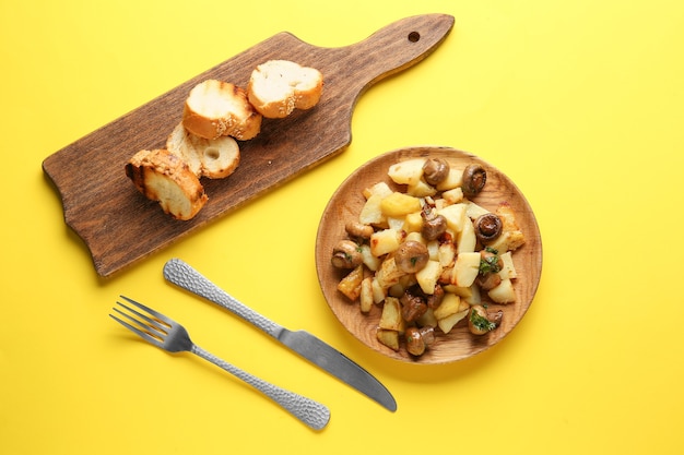 Plate with tasty cooked mushrooms and potato on yellow