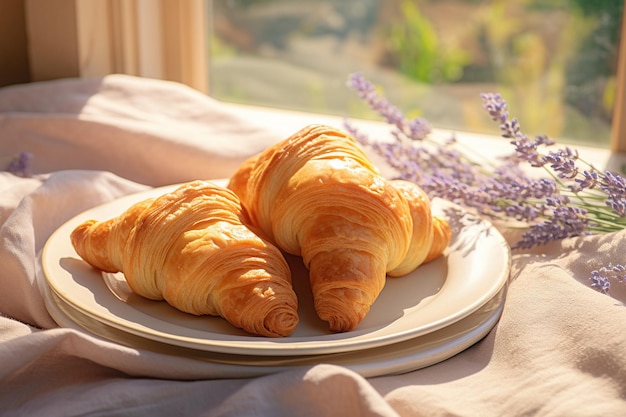 Plate with tasty croissants