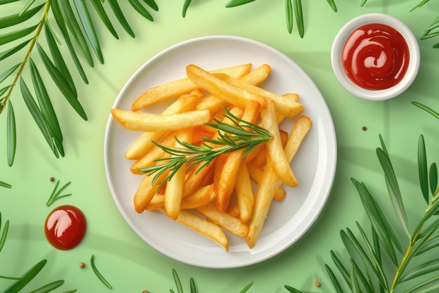 Фото plate with tasty french fries rosemary and ketchup on green background