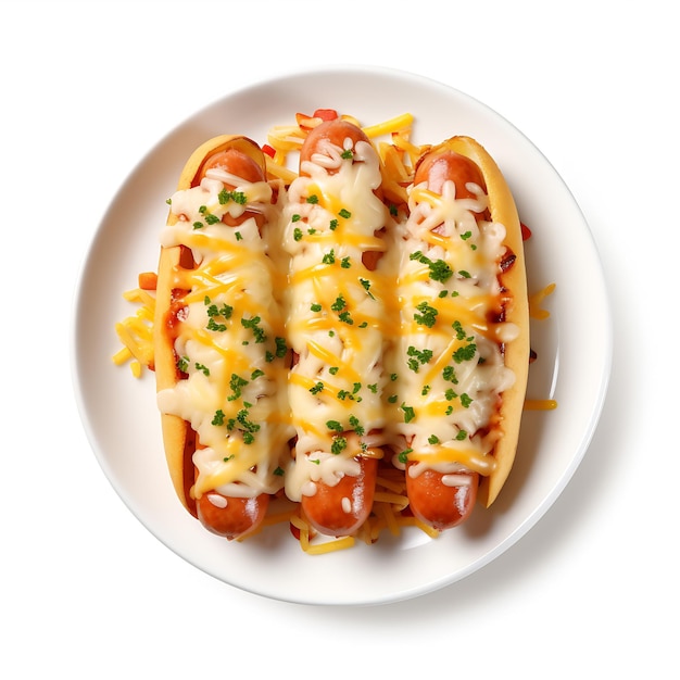 白い背景に美味しいホットドッグとチーズの皿 ⁇ トップビューAI Generative