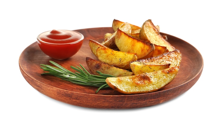 Фотография тарелка с вкусными картофельными дольками и томатным соусом
