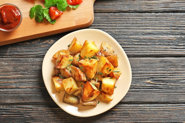 Plate with tasty potato wedges on wooden table