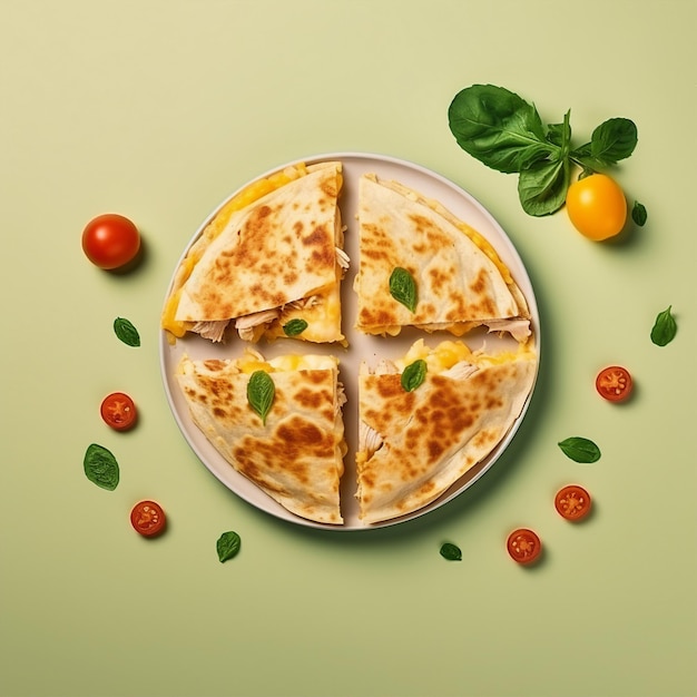 Plate with tasty quesadilla on green background