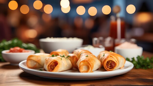 Photo plate with tasty rolls on table in cafe closeup