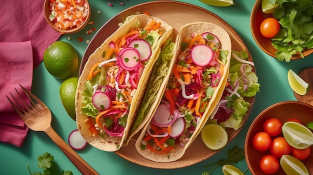 Plate with tasty tacos and fresh vegetables