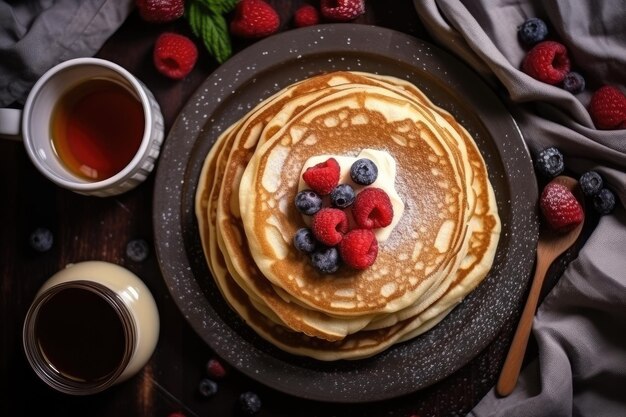 Plate with tasty thin pancakes or crepes on kitchen table AI Generative