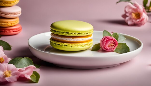 a plate with three colorful macarons on it