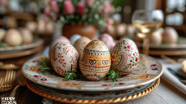 Plate With Three Decorated Eggs on a Table