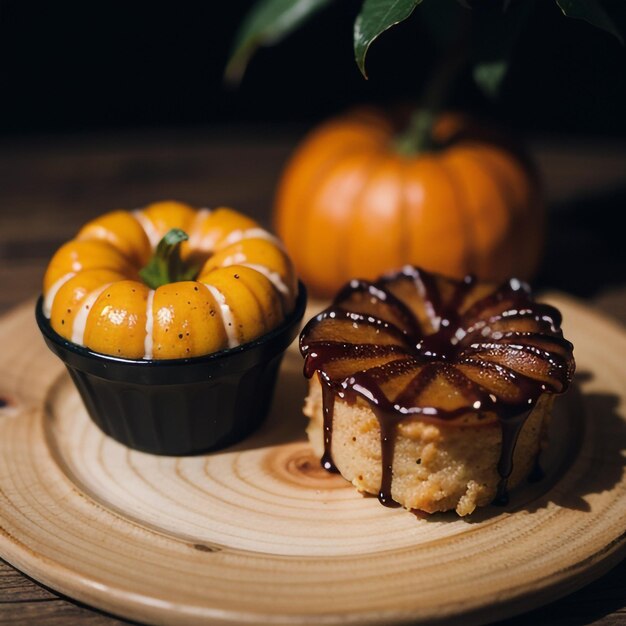 a plate with three pumpkins and a pumpkin on it