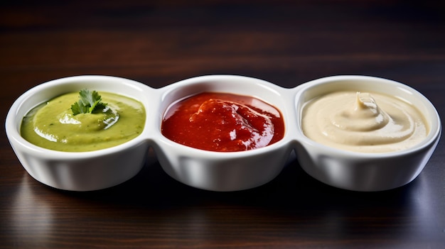 Photo a plate with three small bowls of different sauces