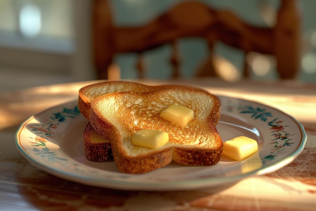 Plate_with_toasted_bread_and_butter_on_table