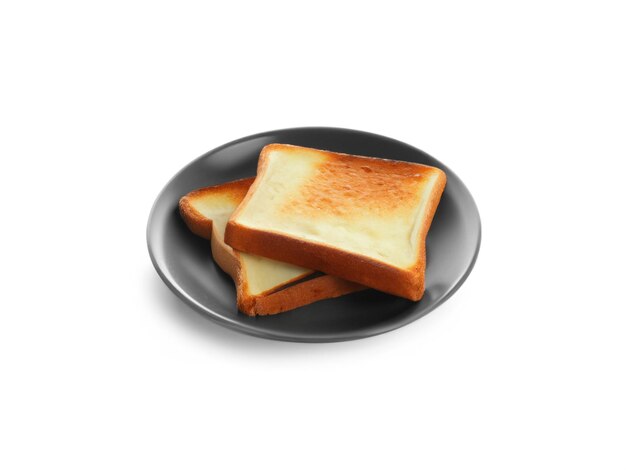 Plate with toasted bread on white background