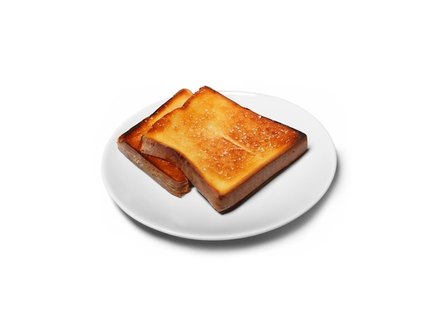 Plate with toasted bread on white background