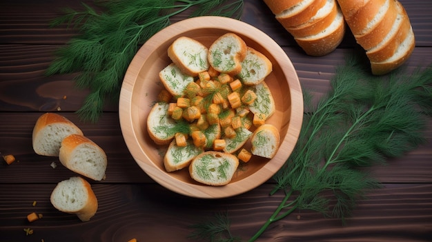 Plate with toasted garlic bread and dill