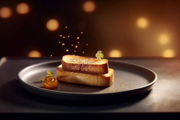 A plate with a toasted sandwich on it with a black background and lights in the background.