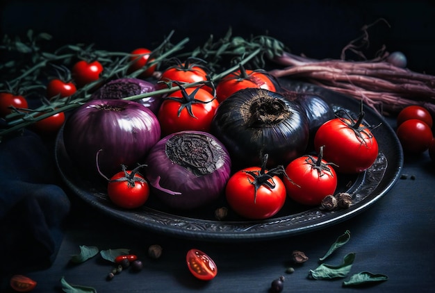 A plate with tomatoes onions spices and herbs