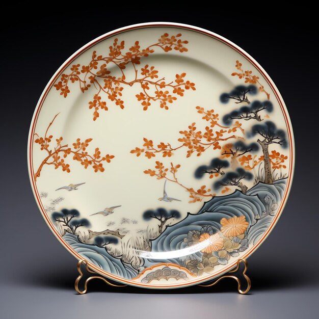 A plate with a tree painting on it