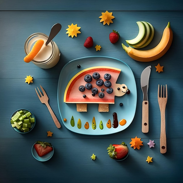 A plate with a turtle on it with fruit and a spoon on the table.