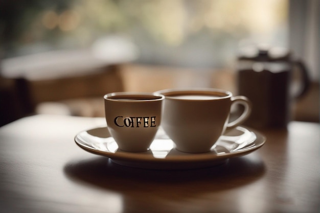 a plate with two cups of coffee and a cup of coffee.