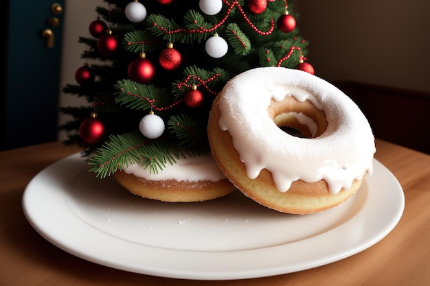 A plate with two donuts under a christmas tree