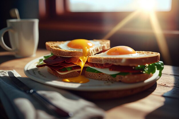 A plate with two eggs and a sandwich with a sunny side up