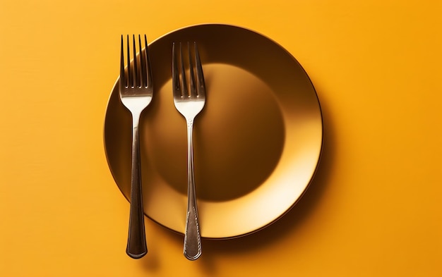 A plate with two forks on it and the word dinner on it