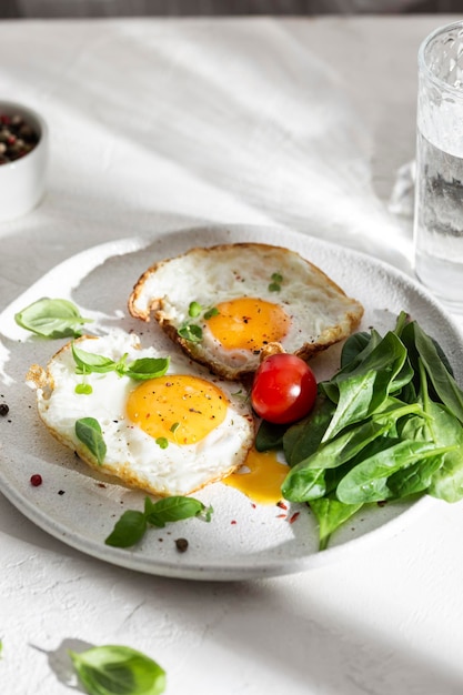 Photo plate with two fried eggs and greens for breakfast