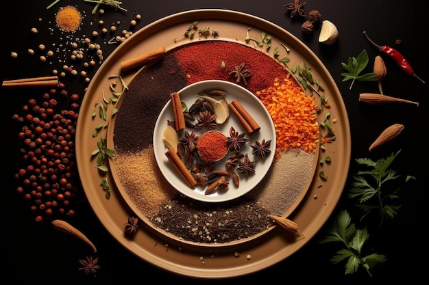 a plate with a variety of spices and a spoon.