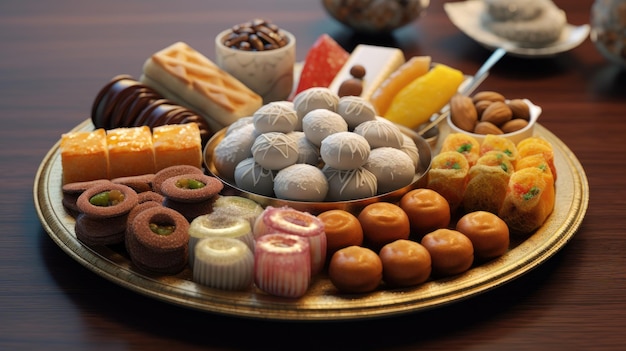 다양한 종류의 아라비아 사탕과 디저트가 있는 접시. 생성 AI 기술로 만들어졌습니다.