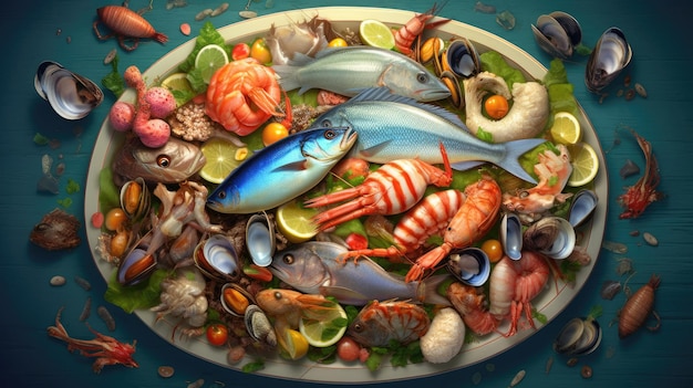 Photo plate with various types of fish dishes and seafood created with generative ai technology