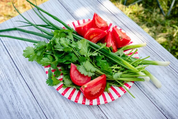 ピクニックの準備をする自然の中の庭のテーブルに野菜とハーブが入った皿