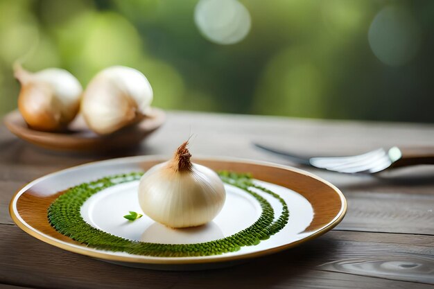 Photo a plate with a whole onion on it and a green leaf on the side.