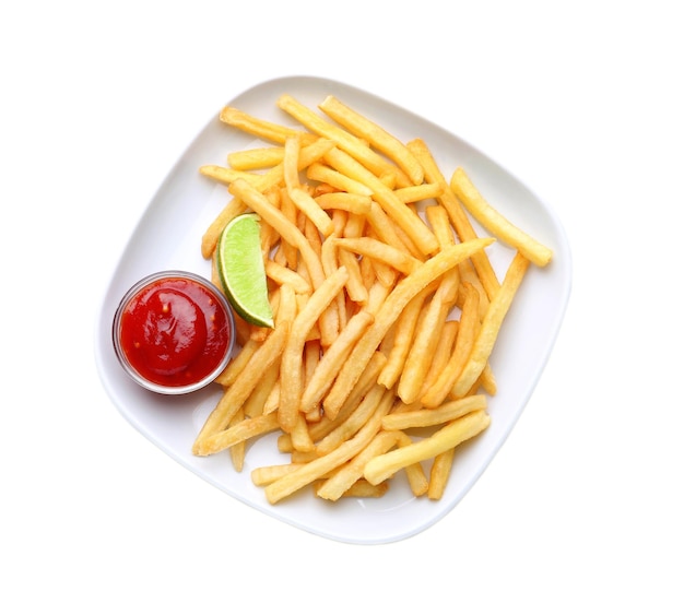 Plate with yummy french fries and sauce on white background