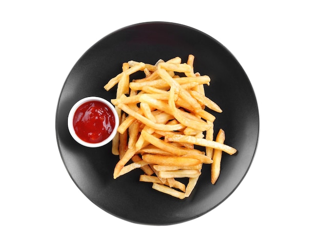 Plate with yummy french fries and sauce on white background
