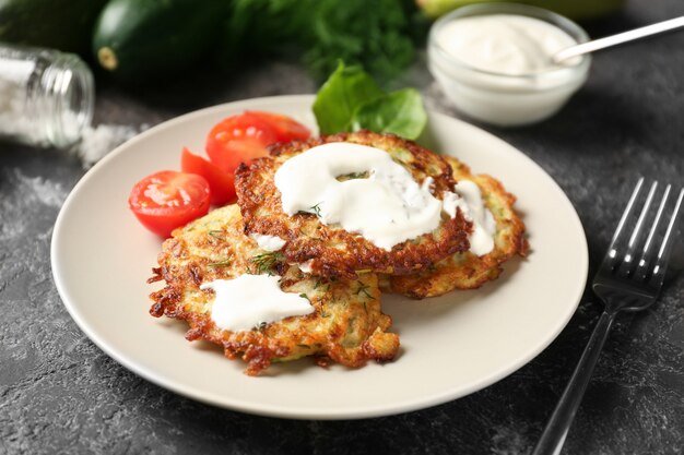 Plate with zucchini pancakes and sauce on table