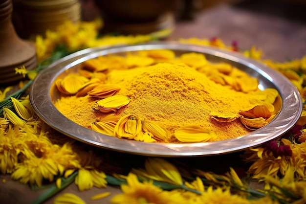 Photo a plate of yellow powder and flowers on a table