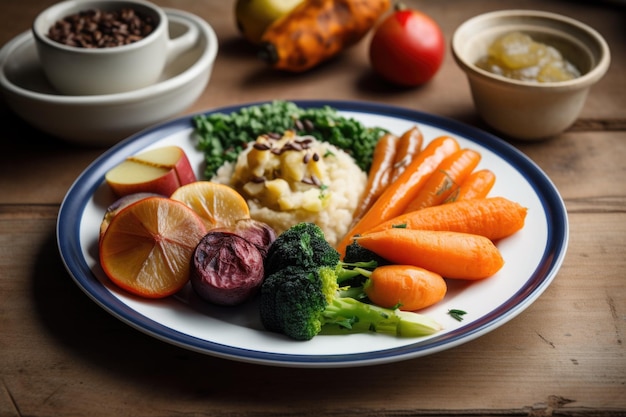 Тарелка безотходной еды с овощными и фруктовыми гарнирами, созданная с помощью генеративного ИИ