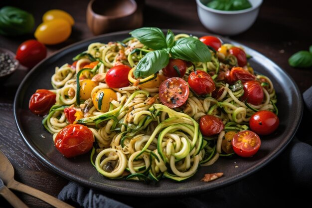 Plate of zucchini pasta with roasted tomatoes basil and balsamic created with generative ai