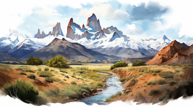 Foto plateau dell'argentina una maestosa illustrazione ad acquerello di montagne bianche e ruscelli sereni