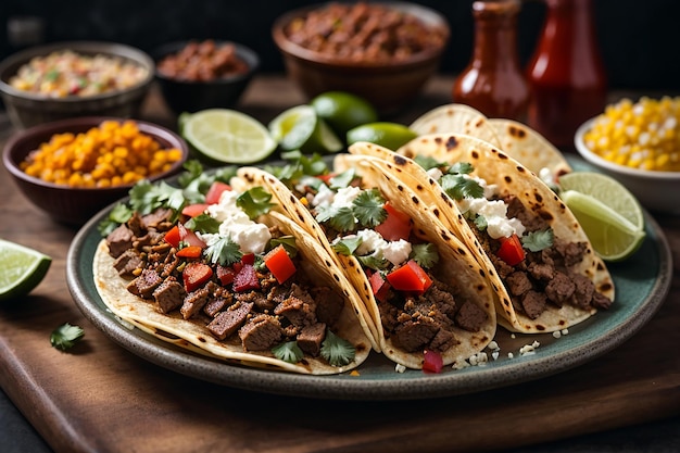 Plateau van Mexicaanse straat tacos met carne asada chorizo en al pastor in maïs tortillas