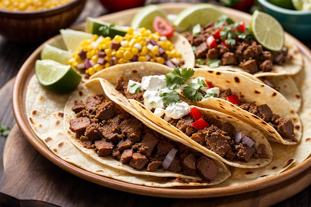 Plateau van Mexicaanse straat tacos met carne asada chorizo en al pastor in maïs tortillas