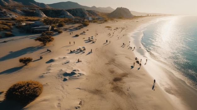 Plateaustrand met strandgangers en spelende kinderen in 8k-kwaliteit met hoog contrast