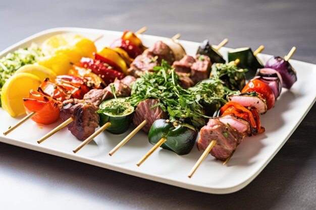 Plated assortment of uncooked lamb skewers