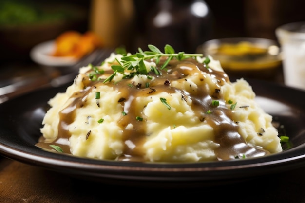 A plateful of mashed potatoes lightly seasoned with herbs and dotted with specks of melted er topped