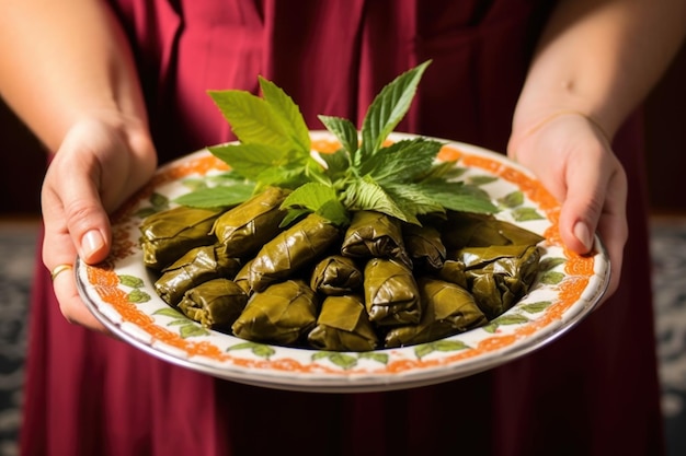 Plateful of stuffed vine leaves held with both hands