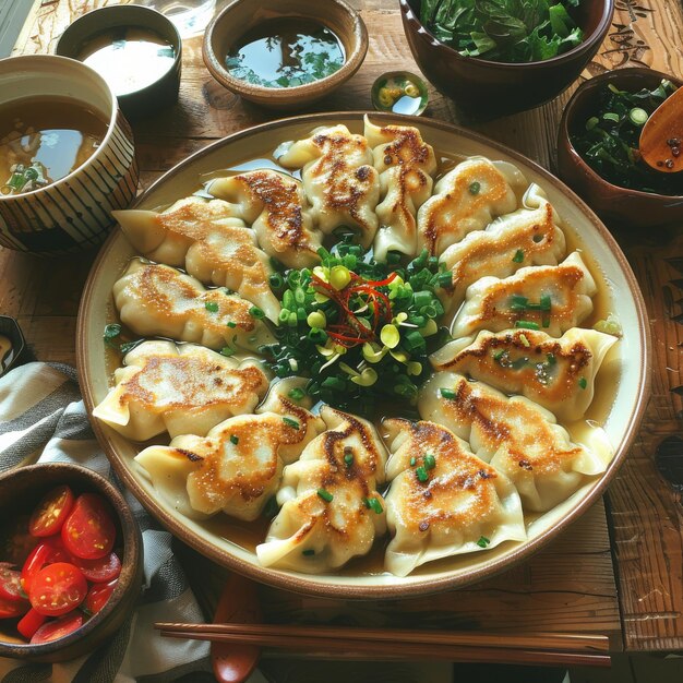 Foto platen met dumplings met groenten.